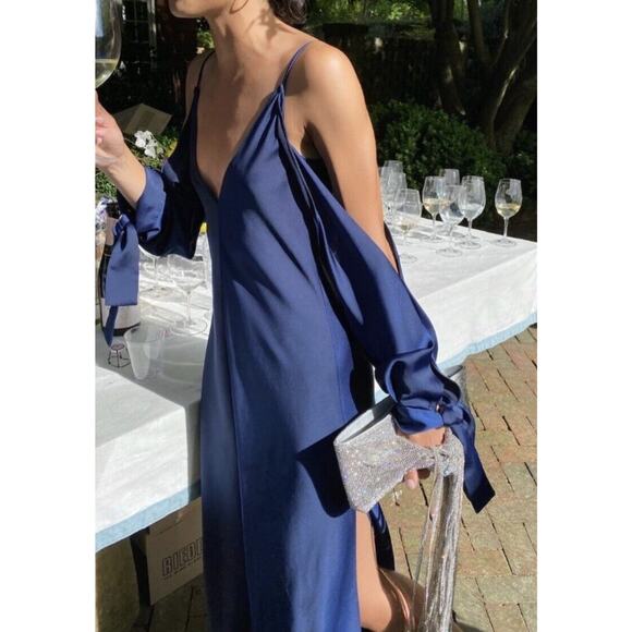 JUAN CARLOS OBANDO Satin Amalfi Gown Maxi Dress Blue {XX11} - Picture 3 of 9